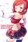  1girl 2018 bare_shoulders blue_legwear blue_skirt blush character_name closed_mouth dated elbow_gloves eyebrows_visible_through_hair gloves headset highres love_live! love_live!_school_idol_project midriff mismatched_legwear nishikino_maki one_eye_closed redhead sen_(sen0910) short_hair simple_background skirt smile solo strapless thigh-highs tubetop violet_eyes white_background white_gloves white_legwear 