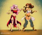  2girls bare_shoulders blush bracelet braid breasts brown_hair cosplay costume_switch dancer dancing fire_emblem fire_emblem:_kakusei full_body gloves green_eyes hair_ornament hairband hectoremblem highres jewelry long_hair looking_at_viewer midriff multiple_girls navel necklace nintendo octopath_traveler olivia_(fire_emblem) olivia_(fire_emblem)_(cosplay) open_mouth pink_hair ponytail primrose_azelhart simple_background smile twin_braids 