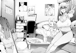  1girl azukiko bare_shoulders bed bed_sheet bedroom breasts calendar_(object) chair cleavage clothes coffee covered_nipples desk desk_lamp glasses greyscale indoors lamp large_breasts mattress mirror monochrome original outstretched_hand panties poster_(object) sidelocks sitting stuffed_animal stuffed_toy table tank_top teddy_bear underwear v 