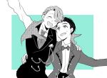  2boys ^_^ ake_(harlequin) blazer bow bowtie closed_eyes closed_eyes greyscale hair_slicked_back hand_on_another&#039;s_hip hand_on_another&#039;s_shoulder heart-shaped_mouth jacket katsuki_yuuri male_focus monochrome multiple_boys open_mouth screentones smile viktor_nikiforov yuri!!!_on_ice 