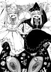  2girls ankle_boots black_dress black_footwear blackcat_(pixiv) boots bow bowtie closed_eyes dated dress dual_persona eyebrows_visible_through_hair fairy fairy_wings flower greyscale hair_between_eyes hat hat_bow highres lily_black lily_white locked_arms monochrome multiple_girls open_mouth petals smile spring_(season) touhou white_dress white_footwear wings 