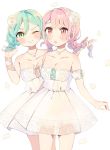  2girls :o ;) alternate_hairstyle aqua_hair bang_dream! bangs bare_shoulders blush braid breasts cleavage collarbone cross-laced_clothes detached_sleeves dress floral_print flower green_eyes hair_flower hair_ornament highres hikawa_hina holding holding_another&#039;s_hair holding_hair jewelry long_hair looking_at_viewer maruyama_aya matsuda_(0yx38755230263c) medium_breasts multiple_girls necklace one_eye_closed petals pink_eyes pink_hair print_dress rose smile strapless strapless_dress twin_braids v-shaped_eyebrows white_dress white_flower white_rose 