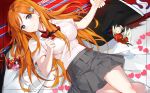  3girls bad_id bangs black_hair bleach bow bowtie breasts character_request chinese_clothes closed_mouth collared_shirt copyright_name female grey_eyes grey_skirt hair_ornament hair_spread_out hand_holding haori heart inoue_orihime japanese_clothes kneehighs large_breasts long_hair looking_at_viewer low_twintails lying minigirl miniskirt multiple_girls on_back orange_hair pleated_skirt red_neckwear school_uniform shirt shirt_tucked_in short_sleeves skirt smile snowflake_hair_ornament tagme taichou_haori twintails white_legwear white_shirt yumaomi 