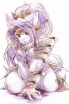  1girl absurdly_long_hair animal_ear_fluff animal_ears armor big_hair boots breasts cleavage closed_mouth collarbone colored_eyelashes ears eyebrows eyelashes face full_body fur fur_collar fur_trim furry highres holster horn kneeling legend_of_mana long_hair looking_at_viewer nan_2525 purple_hair seiken_densetsu sheath sheathed shoulder_armor sierra simple_background solo tail thick_eyebrows upper_body very_long_hair violet_eyes white_background wolf_ears wolf_girl wolf_tail 