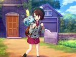  1girl backpack bag bangs blue_eyes blue_sky bob_cut boots brown_bag brown_eyes brown_footwear brown_hair building cardigan clouds cloudy_sky creatures_(company) door dress eye_contact female_protagonist_(pokemon_swsh) forest game_freak gen_8_pokemon grass green_hat green_legwear grey_sweater hat house long_sleeves looking_at_another mountain nature nintendo open_mouth outdoors pink_dress plant pokemon pokemon_(creature) pokemon_(game) pokemon_swsh scenery shiny shiny_clothes shiny_hair shiny_skin short_hair shouhei sky smile sobble socks sweater tam_o&#039;_shanter walking window 