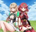  2girls armor bangs bare_shoulders blonde_hair blush breasts cleavage cleavage_cutout clouds cloudy_sky commentary covered_navel day dress dual_persona earrings elbow_gloves eyebrows_visible_through_hair fingerless_gloves gem gloves grass hair_ornament headpiece highres mythra_(xenoblade) pyra_(xenoblade) jewelry kuro_hopper large_breasts long_hair looking_at_viewer multiple_girls nintendo pose red_eyes red_shorts redhead short_hair short_shorts shorts shoulder_armor sky smile swept_bangs thigh-highs tiara very_long_hair white_dress xenoblade_(series) xenoblade_2 yellow_eyes 