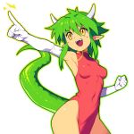  1girl :d armpits breasts character_request china_dress chinese_clothes clenched_hand copyright_request covered_navel dragon_girl dragon_horns dragon_tail dress elbow_gloves eyebrows_visible_through_hair fangs gloves green_hair hair_between_eyes horns medium_breasts metata open_mouth pointy_ears red_dress short_hair simple_background smile solo tail teeth white_background white_gloves yellow_eyes 