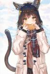  1girl animal_ears bangs black_hair blush cat_ears cat_tail clouds coat commentary_request day duffel_coat eating eyebrows_visible_through_hair food green_eyes highres holding holding_food long_hair long_sleeves looking_at_viewer open_clothes open_coat original outdoors plaid plaid_scarf ran&#039;ou_(tamago_no_kimi) scarf sky solo tail taiyaki upper_body wagashi winter_clothes winter_coat 
