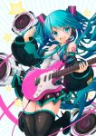  .sin 1girl aqua_eyes aqua_hair boots detached_sleeves electric_guitar guitar hatsune_miku headset highres instrument jumping long_hair nail_polish necktie open_mouth pleated_skirt skirt solo speaker thigh-highs thigh_boots twintails very_long_hair vocaloid 