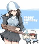  3girls :t aki_(girls_und_panzer) blue_headwear blue_jacket blue_shirt brown_eyes brown_hair cake character_name chibi closed_mouth collared_shirt commentary dated dress_shirt english_text eyebrows_visible_through_hair food food_on_finger girls_und_panzer green_eyes grey_skirt hand_in_hair hat head_tilt holding holding_food holding_instrument instrument jacket kasai_shin keizoku_military_uniform keizoku_school_uniform light_brown_hair long_hair long_sleeves looking_at_viewer mika_(girls_und_panzer) mikko_(girls_und_panzer) military military_uniform miniskirt motion_lines multiple_girls one_eye_closed open_clothes open_jacket party_hat party_popper pleated_skirt raglan_sleeves school_uniform shirt short_twintails skirt smile standing striped striped_shirt track_jacket twintails uniform vertical-striped_shirt vertical_stripes walking white_shirt zipper 