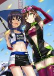  2girls :o ;d arm_up armpits bangs black_hair blue_choker blue_eyes blue_sky breasts brown_hair car center_opening choker cleavage clothes_writing collarbone commentary_request confetti cowboy_shot cropped_jacket day elbow_gloves english_text eyebrows_visible_through_hair eyewear_on_head from_below gloves green_eyes ground_vehicle hair_between_eyes hero-san_to_moto_onna_kanbu-san highres holding holding_umbrella honey_trap_(hero-san_to_moto_onna_kanbu-san) honjou_hayate jacket long_hair looking_at_viewer looking_down medium_breasts midriff miniskirt motion_blur motor_vehicle multicolored multicolored_clothes multicolored_skirt multiple_girls navel one_eye_closed open_clothes open_jacket open_mouth outdoors pink-tinted_eyewear pink_legwear purple_gloves racequeen short_hair skirt sky small_breasts smile somechime_(sometime1209) stomach strapless sunglasses tareme thigh-highs tubetop umbrella white-framed_eyewear white_jacket 