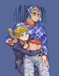  2boys argyle argyle_sweater bags_under_eyes black_eyes black_hair blonde_hair blue_eyes giorno_giovanna guido_mista hat highres hug iroha741852963 jojo_no_kimyou_na_bouken male_focus midriff multiple_boys no_pupils shaded_face sweater vento_aureo waist_hug 