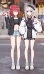  2girls aa-12_(girls_frontline) ahoge alternate_costume bangs bare_legs beret bike_shorts black_hat black_jacket black_nails black_shorts blue_eyes blue_shorts blunt_bangs blurry blurry_background blush bright_pupils candy casual closed_eyes coat collar commentary contemporary crop_top day denim denim_shorts depth_of_field drawstring eyebrows_visible_through_hair facing_viewer food full_body girls_frontline grin hand_in_pocket hand_on_another&#039;s_shoulder hat highres hood hood_down hoodie jacket jewelry leather leather_jacket lollipop long_hair long_sleeves looking_at_viewer mp7_(girls_frontline) multiple_girls nail_polish navel necklace open_clothes open_coat open_jacket outdoors parted_lips ponytail puffy_long_sleeves puffy_sleeves redhead shoes short_hair shorts signature silver_hair smile sneakers socks standing stomach teeth twitter_username unzipped v vvy white_coat white_footwear white_legwear zipper_pull_tab 