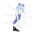  1girl absurdres bangs black_footwear blue_hair blush bow bowtie breasts cirno collared_shirt dress dress_shoes eyebrows_visible_through_hair frilled_legwear frilled_sleeves frills hair_between_eyes hair_bow hand_up highres ice ice_wings knee_up kneeling kurokuma_shachou lineart looking_at_viewer medium_hair pinafore_dress puffy_short_sleeves puffy_sleeves shirt short_sleeves small_breasts smile solo thighs touhou waving wing_collar wings 