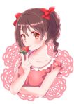  1girl artist_request black_hair breasts brown_eyes closed_mouth collarbone eyelashes face food frilled_shirt_collar frilled_sleeves frills fruit lips looking_at_viewer love_live! love_live!_school_idol_project nose pink_clothes pink_shirt red_ribbon ribbon shirt short_twintails simple_background small_breasts smile solo source_request strawberry twintails upper_body white_background yazawa_nico 