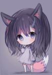  1girl animal_ear_fluff animal_ears bangs barefoot blush brown_background brown_hair chibi closed_mouth collared_dress cottontailtokki dress eyebrows_visible_through_hair fox_ears fox_girl fox_tail frilled_dress frills full_body grey_dress hair_between_eyes hand_up head_tilt highres horns long_hair long_sleeves looking_at_viewer original simple_background sleeves_past_wrists solo standing tail very_long_hair violet_eyes 