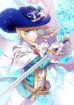  androgynous blonde_hair chevalier_d&#039;eon_(fate/grand_order) fate/grand_order fate_(series) flower gloves green_eyes hat hat_feather hat_flower lily_(flower) nina_(pastime) rapier sheath smile sparkle_background sword weapon white_gloves 