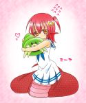  1girl blush bug child dress embarrassed eyebrows_visible_through_hair hair_ornament insect lamia miia_(monster_musume) monster_girl monster_musume_no_iru_nichijou pointy_ears redhead scales scared short_hair snake_tail tail white_dress yellow_eyes younger 