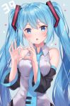  1girl 39 bangs bare_shoulders blue_eyes blue_hair blush detached_sleeves hair_between_eyes hatsune_miku heart heart_hands highres jimmy long_hair looking_at_viewer nail_polish necktie open_mouth solo twintails upper_body very_long_hair vocaloid 
