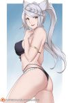  1girl :d animal_ears armlet aslindsamure ass bangs bare_shoulders bikini black_bikini braid breasts cat_ears cowboy_shot erune fraux french_braid front-tie_bikini front-tie_top granblue_fantasy grey_hair groin hand_up highres long_hair looking_at_viewer medium_breasts multi-strapped_bikini open_mouth patreon_logo patreon_username silver_hair skindentation smile solo standing swept_bangs swimsuit thighs twintails yellow_eyes 