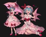  1girl absurdres artist_name bat_wings black_background blue_hair blush bow dated dress fangs fingernails freng frilled_legwear frills hands_up hat hat_ribbon heart highres looking_at_viewer mary_janes mob_cap multiple_views open_mouth parasol pink_dress pink_footwear pointy_ears red_bow red_eyes red_footwear red_ribbon remilia_scarlet ribbon sharp_fingernails shoes short_hair signature simple_background sitting sleeveless smile touhou umbrella wings wrist_cuffs 