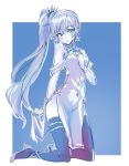  1girl blue_eyes china_dress chinese_clothes covered_navel dress earrings high_heels highres iesupa jewelry limited_palette long_hair pelvic_curtain pendant ponytail rwby scar scar_across_eye side_ponytail single_garter solo thigh-highs tiara weiss_schnee white_hair 