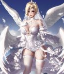  1girl alternate_wings artist_name bare_shoulders blonde_hair blue_background blue_eyes blush breasts bridal_veil cleavage closed_mouth collarbone commentary covered_navel detached_sleeves elbow_gloves english_commentary feathered_wings feathers frills garter_straps gloves hand_on_own_chest highres large_breasts leotard liang_xing looking_at_viewer mercy_(overwatch) multiple_wings outstretched_arm overwatch red_lips short_hair signature skindentation smile solo standing strapless strapless_leotard thigh-highs tiara veil waist_cape watermark web_address white_gloves white_legwear white_leotard white_wings wings 