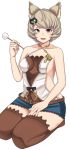  1girl animal_ears bangs breasts collarbone commentary_request erune granblue_fantasy hair_ornament holding lap_pillow lap_pillow_invitation looking_at_viewer medium_breasts michihasu mimikaki mole mole_under_mouth open_mouth seiza short_hair sitting smile solo sutera_(granblue_fantasy) thigh-highs 