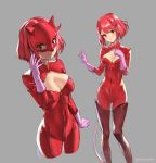  1girl athenawyrm atlus bob_cut boots breasts cleavage cleavage_cutout cosplay eyebrows_visible_through_hair gloves grey_background pyra_(xenoblade) large_breasts looking_at_viewer mask nintendo persona persona_5 pink_gloves red_eyes red_footwear redhead short_hair simple_background smile super_smash_bros. tail takamaki_anne takamaki_anne_(cosplay) thigh-highs thigh_boots xenoblade_(series) xenoblade_2 zipper 