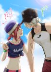  1boy 1girl arm_grab bikini_shorts black_hat blue_hat blue_shirt blue_sky blurry blurry_background clenched_teeth closed_eyes clouds collarbone day dezel_(tales) eyebrows_visible_through_hair feather_print hat leaning_forward midriff navel outdoors pants print_shirt red_pants red_shorts redhead rose_(tales) saklo shirt short_hair short_ponytail short_sleeves shorts silver_hair sky sleeves standing stomach sweatdrop tales_of_(series) tales_of_zestiria tank_top teeth tied_shirt whistle wristband 