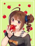  1girl ahoge apple black_shirt blush bra_strap bracelet breasts brown_hair collarbone drill_hair eyebrows_visible_through_hair food fruit green_background holding holding_food idolmaster idolmaster_million_live! jewelry kamille_(vcx68) large_breasts looking_at_viewer open_mouth scrunchie shirt short_hair side_drill smile solo upper_body violet_eyes yokoyama_nao 