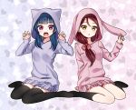  2girls :o animal_hood bangs black_legwear blue_hair blush bow bunny_hood cat_hood claw_pose deadnooodles hair_bow hair_over_shoulder heart heart_background holding_ears hood hood_up kneehighs long_hair long_sleeves looking_at_viewer love_live! love_live!_sunshine!! low-tied_long_hair miniskirt multiple_girls pink_hoodie pink_skirt purple_hoodie red_bow redhead sakurauchi_riko sitting skirt thigh-highs tsushima_yoshiko violet_eyes wariza yellow_eyes 