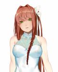  1girl alternate_costume alternate_hairstyle bare_shoulders braid breasts brown_hair collarbone commentary doki_doki_literature_club dress frown green_hair hair_ribbon head_tilt jewelry long_hair looking_at_viewer medium_breasts monika_(doki_doki_literature_club) odakojirou parted_lips ribbon side_braid simple_background sleeveless sleeveless_dress solo upper_body very_long_hair white_background white_dress white_ribbon 