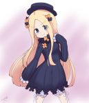  &gt;:) 1girl abigail_williams_(fate/grand_order) bangs black_bow black_dress black_hat blonde_hair bloomers blue_eyes blush bow bug butterfly closed_mouth commentary_request dress eyebrows_visible_through_hair fate/grand_order fate_(series) forehead hair_bow hat highres insect kujou_karasuma leaning_to_the_side long_hair long_sleeves orange_bow parted_bangs polka_dot polka_dot_bow signature sleeves_past_fingers sleeves_past_wrists smile solo underwear very_long_hair white_bloomers 