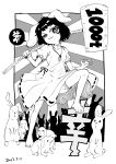  animal animal_ears bare_legs barefoot black_hair blackcat_(pixiv) bloomers buck_teeth bunny_tail carrot_necklace dated dollar_sign dress eyebrows_visible_through_hair floppy_ears greyscale highres inaba_tewi jewelry kine looking_at_viewer mallet monochrome necklace rabbit rabbit_ears short_hair short_sleeves speech_bubble tail touhou underwear 