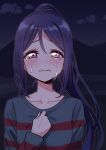 1girl biting blue_hair blush clenched_hand collarbone crying deadnooodles hand_on_own_chest highres lip_biting long_hair long_sleeves looking_at_viewer love_live! love_live!_sunshine!! matsuura_kanan night outdoors ponytail shirt sidelocks solo striped striped_shirt upper_body violet_eyes 