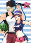  1boy 1girl baseball_cap bikini_shorts black_hat blue_shirt collarbone cowboy_shot dezel_(tales) flower green_eyes hair_over_one_eye hat hibiscus looking_at_viewer midriff navel outstretched_arm pants print_shirt purple_hat red_flower red_pants red_shorts redhead rose_(tales) saklo shirt short_hair short_shorts short_sleeves shorts silver_hair sleeveless sleeveless_shirt standing stomach striped striped_background tales_of_(series) tales_of_zestiria tied_shirt whistle white_shirt wristband 