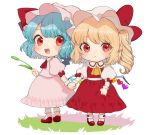  2girls :&lt; :d ascot bangs blonde_hair blue_hair blush bow chibi commentary_request dress eyebrows_visible_through_hair fang flandre_scarlet frilled_shirt_collar frills full_body gotoh510 hand_holding hat hat_bow hat_ribbon holding long_hair looking_at_viewer multiple_girls one_side_up open_mouth pink_dress pink_hat pointy_ears puffy_short_sleeves puffy_sleeves red_bow red_eyes red_footwear red_neckwear red_ribbon red_skirt red_vest remilia_scarlet ribbon shirt shoes short_hair short_sleeves siblings simple_background sisters skirt skirt_set smile socks standing touhou vest white_background white_hat white_legwear white_shirt wrist_cuffs yellow_neckwear 
