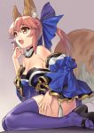  1girl animal_ear_fluff animal_ears bare_shoulders blue_kimono blue_legwear breasts detached_collar detached_sleeves fang fate/extra fate_(series) fox_ears fox_girl fox_tail geta grey_background japanese_clothes kimono large_breasts open_mouth pink_hair short_kimono sitting solo tail tamamo_(fate)_(all) tamamo_no_mae_(fate) tangamja thigh-highs twintails wariza wide_sleeves yellow_eyes 