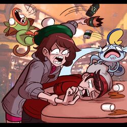  1boy 1girl bar beer_bottle broken_bottle creatures_(company) crying female_protagonist_(pokemon_swsh) game_freak grookey hat highres hood hoodie male_protagonist_(pokemon_swsh) nintendo pokemon pokemon_(game) pokemon_swsh screaming scruffyturtles sobble tam_o&#039;_shanter 