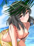  1girl bent_over black_hair blush breasts chuu_sei cleavage clouds cloudy_sky day eyebrows_visible_through_hair hair_between_eyes kantai_collection large_breasts medium_hair ocean palm_tree parted_lips red_eyes sarong sky solo swimsuit tree white_bikini_top yamashiro_(kantai_collection) 