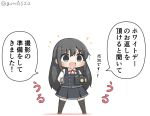  1girl asashio_(kantai_collection) black_dress black_hair black_legwear blue_eyes camcorder camera chibi commentary_request dress full_body goma_(yoku_yatta_hou_jane) kantai_collection long_hair long_sleeves open_mouth pinafore_dress remodel_(kantai_collection) shirt simple_background solo standing tears thigh-highs translation_request twitter_username white_background white_shirt 