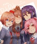  4girls :d blue_eyes blue_nails blush brown_hair closed_eyes commentary commentary_typo copyright_name doki_doki_literature_club facing_viewer fang grey_jacket grin hair_between_eyes hair_ornament hair_ribbon hairclip hand_on_another&#039;s_head jacket long_hair looking_at_viewer monika_(doki_doki_literature_club) multiple_girls nail_polish natsuki_(doki_doki_literature_club) odakojirou open_mouth parted_lips pink_eyes pink_hair ponytail purple_hair purple_nails red_ribbon ribbon sayori_(doki_doki_literature_club) self_shot selfie_stick short_hair sidelocks simple_background smile tears two_side_up violet_eyes yuri_(doki_doki_literature_club) 
