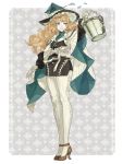  allan_(kngegt) aqua_eyes aqua_hat blonde_hair brown_footwear bucket full_body gloves hat high_heels holding holding_bucket kngegt long_hair original pantyhose simple_background smile standing white_gloves white_legwear wizard_hat 