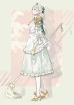 1girl bow braid dress flower full_body gloves hair_bow hairband kngegt looking_to_the_side mop original pantyhose pink_background shadow simple_background solo standing white_dress white_hair white_hairband white_legwear yellow_footwear yellow_gloves yellow_neckwear 