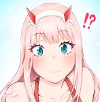  !? 1girl 2019 bangs bare_shoulders blue_eyes blush closed_mouth collarbone darling_in_the_franxx eyebrows_visible_through_hair eyelashes fang hairband hori_shin horns looking_at_viewer oni_horns pink_hair portrait signature solo straight_hair white_hairband zero_two_(darling_in_the_franxx) 