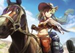  1girl breasts cactus cleavage clenched_hand clouds commentary_request desert feena_(grandia) gloves grandia grandia_i green_hair hat head_out_of_frame horse kousaku large_breasts long_hair midriff mountain navel sky smile 