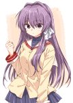  1girl bangs blue_skirt blush breasts buttons clannad clenched_hand closed_mouth commentary_request fujibayashi_kyou hair_between_eyes hair_intakes hair_over_one_eye hair_ribbon hand_up highres hikarizaka_private_high_school_uniform long_hair long_sleeves looking_at_viewer matsuda_hikari medium_breasts miniskirt pleated_skirt purple_hair ribbon sailor_collar school_uniform shirt sidelocks skirt solo standing upper_body violet_eyes white_ribbon white_sailor_collar yellow_shirt 