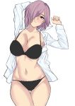  1girl black_bra black_panties bra breasts cleavage collared_shirt commentary_request cowboy_shot din_(raiden) fate/grand_order fate_(series) hair_over_one_eye highres large_breasts lavender_hair long_sleeves looking_at_viewer mash_kyrielight panties purple_hair shirt short_hair simple_background skindentation solo standing underwear violet_eyes white_background white_shirt 