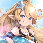  1girl alisia0812 artist_name blonde_hair blue_eyes blush charlotta_fenia closed_mouth crown granblue_fantasy hair_between_eyes hair_ornament harvin long_hair looking_at_viewer pointy_ears smile solo star star_hair_ornament upper_body 